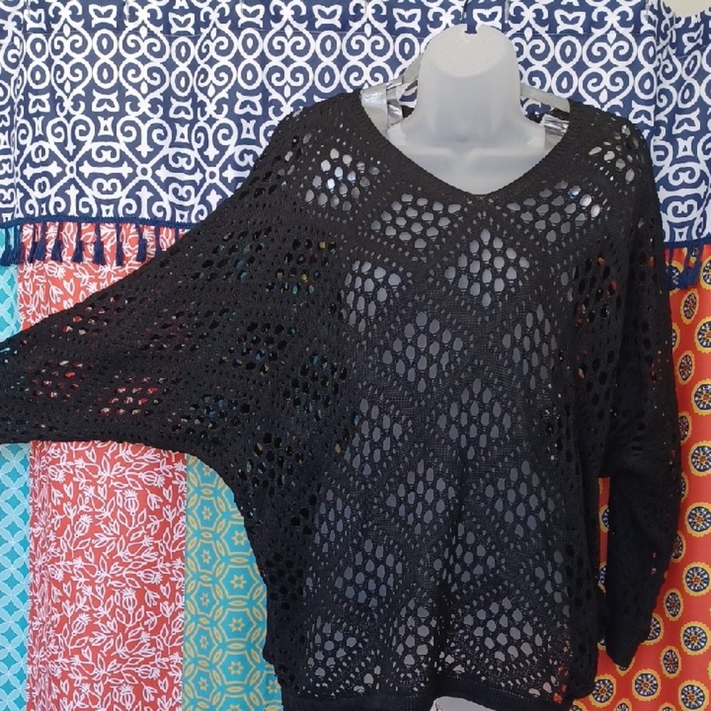 Vintage Open WEAVE Black Crochet Sweater 2X 3X NWOT